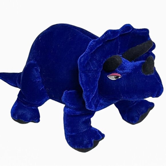 Vtg 90s BJ Toys Blue Dinosaur Stuffed Animal Plush Triceratops Cobalt Velour 15” - Picture 1 of 8